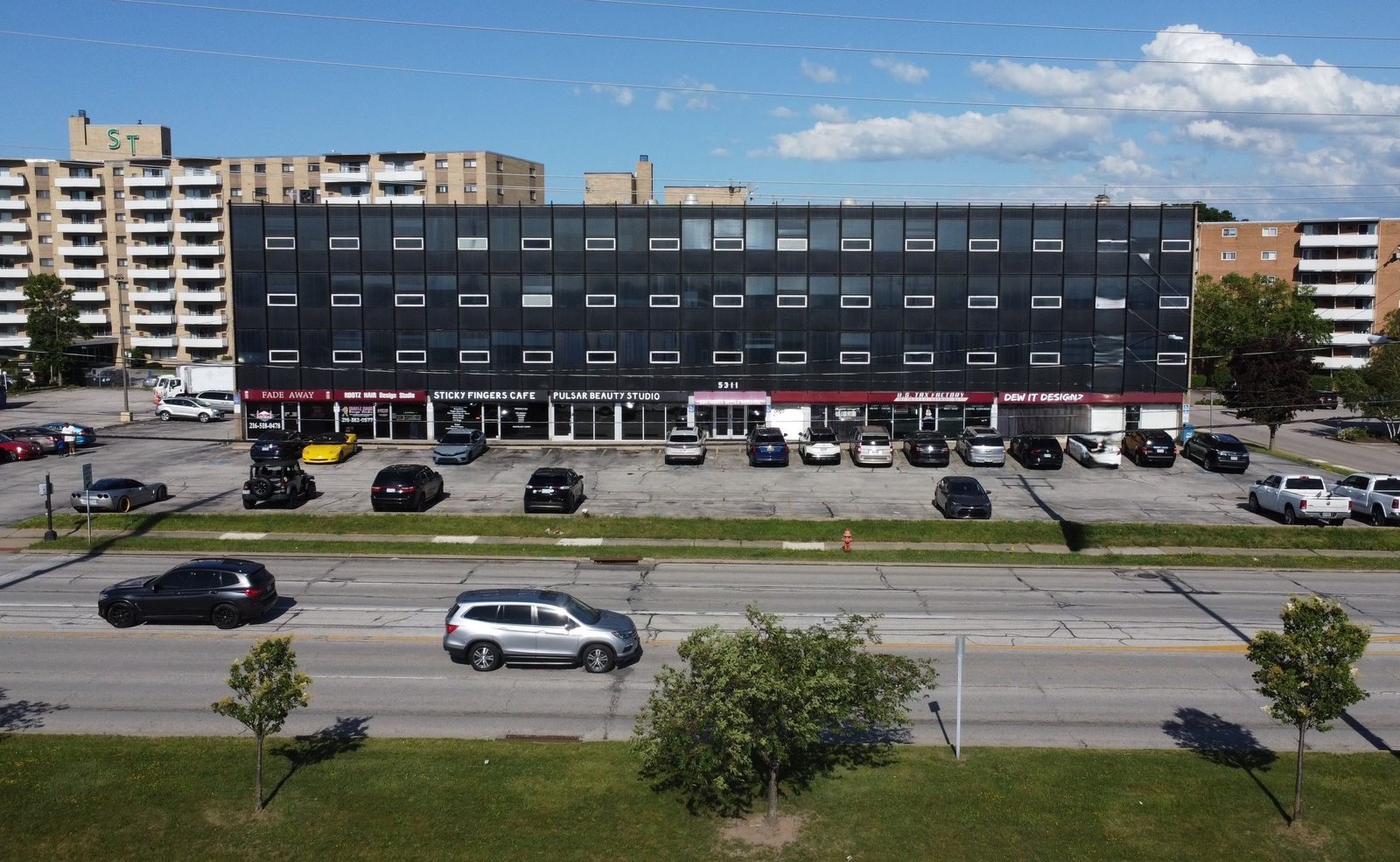 The Southgate Office Building at 5311 Northfield Road, Bedford Heights — street view with storefronts and parking
